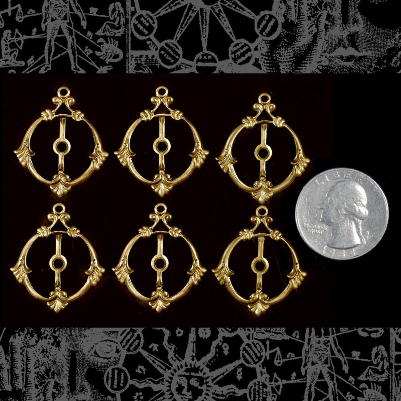 Raw Brass Round Filigree Mount Connectors - Set of Six - B-2C07